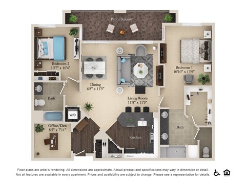 Floor plan for 2 beds, 2 baths, 1290 sqft